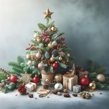 Christmas tree with gifts and lights on the background of a winter landscape.Christmas decoration with gift boxes and baubles on a dark background.Christmas and New Year background with Christmas tree and decorations. Vintage style toned picture.