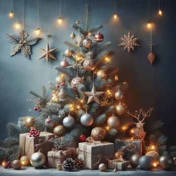 Christmas tree with gifts and lights on the background of a winter landscape.Christmas decoration with gift boxes and baubles on a dark background.Christmas and New Year background with Christmas tree and decorations. Vintage style toned picture.