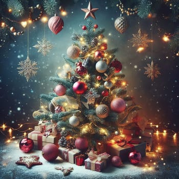 Christmas tree with gifts and lights on the background of a winter landscape.Christmas decoration with gift boxes and baubles on a dark background.Christmas and New Year background with Christmas tree and decorations. Vintage style toned picture.