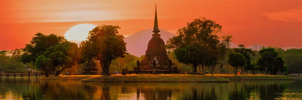Wat Sa Si at sunset Sukhothai Old City, Thailand. Ancient city and culture of South Asia Thailand, Sukhothai Historical Park