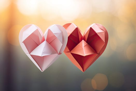 Origami paper hearts on blue shiny background. Concept of love and valentines day.