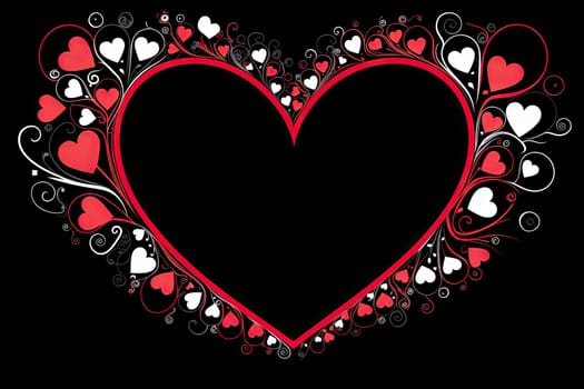 Abstract template of hearts around a big red heart frame isolated on black background with copy space for valentines day.