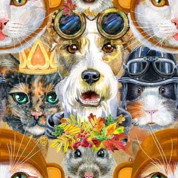 Seamless pets pattern. Hand painted watercolor drawing, isolate clip art on white background.