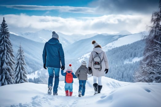 Happy family Father, mother and children are having fun and playing on snowy winter walk in nature. comeliness