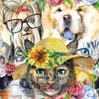 Seamless pets pattern. Hand painted watercolor drawing, isolate clip art on white background.