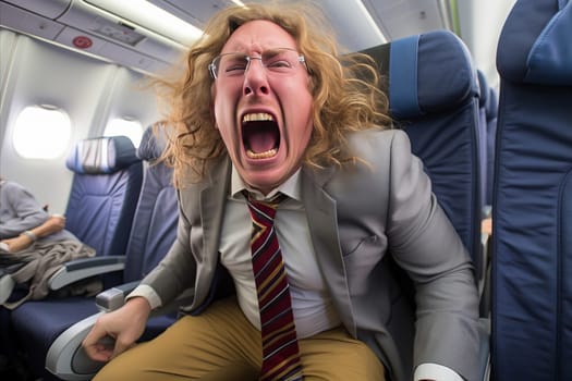 Anxious passenger gripped by fear as airplane experiences intense turbulence and shakes violently.