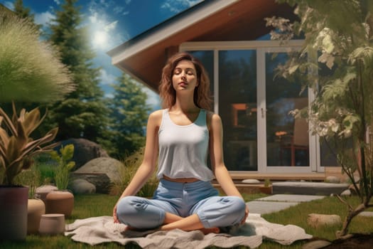 A young woman practicing yoga on bright green grass, surrounded by trees and serene nature, giving a sense of peace and tranquility.