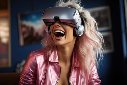 A young woman with long blonde hair enjoys virtual reality with an electronically amplified headset and smiles while experiencing an immersive environment.
