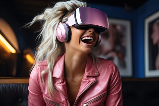 Female user fully immersed in a virtual reality environment using an electronic amplification headset, interacting with digital content. Concept of modern technology and immersive experiences.