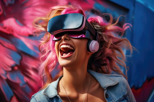 Woman wearing a virtual reality headset with electronic amplification, enjoying an immersive digital experience in a modern setting. Concept of advanced technology and digital innovation.