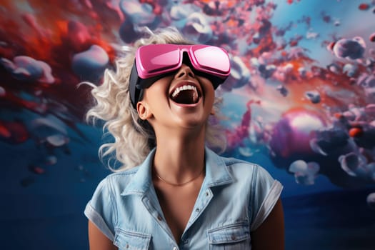 Young female immersed in a virtual reality experience wearing an electronic amplification headset, interacting with a digital environment. Concept of futuristic technology and entertainment.