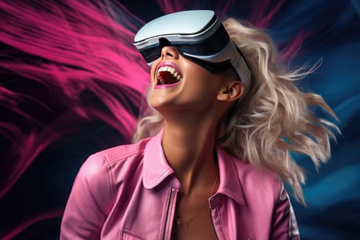 Caucasian woman wearing a virtual reality headset with electronic amplification system, fully engaged in the immersive virtual experience. Modern technology and innovation concept.