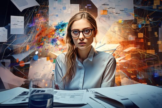 A young woman is deeply focused on data analysis, surrounded by charts, graphs, and papers, portraying the concept of thorough business and financial analysis in a modern office setting.