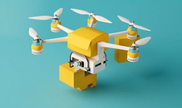 fast express city drone aircraft fly package cardboard future delivery helicopter technology sky blue shipping air robot wireless flying cargo. Generative AI.