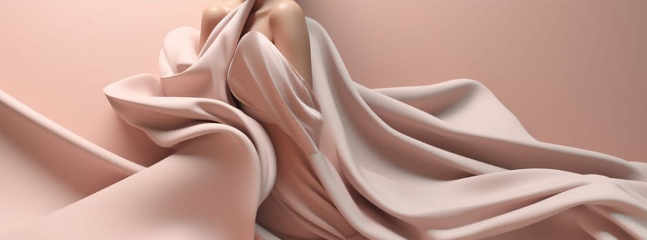 pink woman background beige elegant flowing wind white chiffon long motion young fabric beauty silk art isolated flying lady fashion beautiful dress. Generative AI.