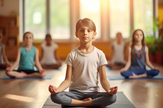 A diverse group of children are engaging in a relaxing yoga practice, focusing on physical and mental well-being. They are in a peaceful and serene environment, surrounded by nature.