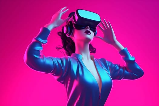 woman metaverse tech neon character cyborg happy technology game concept glasses person vr lifestyle reality digital sport gadget virtual innovation science. Generative AI.