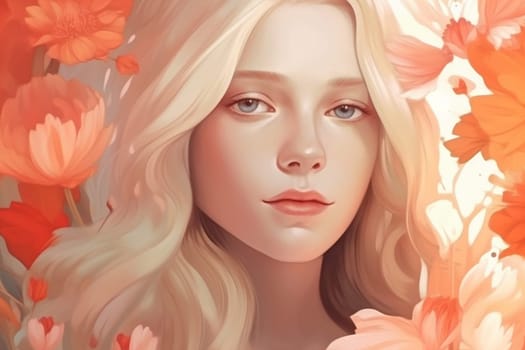 female woman make-up vintage art trend girl pretty love valentine flower spring tender pastel face portrait beauty fashion lady colourful background. Generative AI.