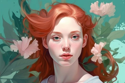 woman portrait tender colourful glamour face pastel female pretty cosmetic beautiful flower vintage floral bouquet girl skin hair dream trend beauty. Generative AI.