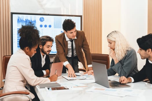 Portrait of professional smart business team discussion about start up project. Group of skilled businesspeople planing, brainstorming, sharing idea strategy. Discussion business meeting. Ornamented.