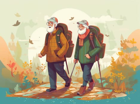 hike woman active senior hiking outdoors grandfather summer couple happy nature old lifestyle walking elderly trekking grandmother backpack fitness exercise. Generative AI.