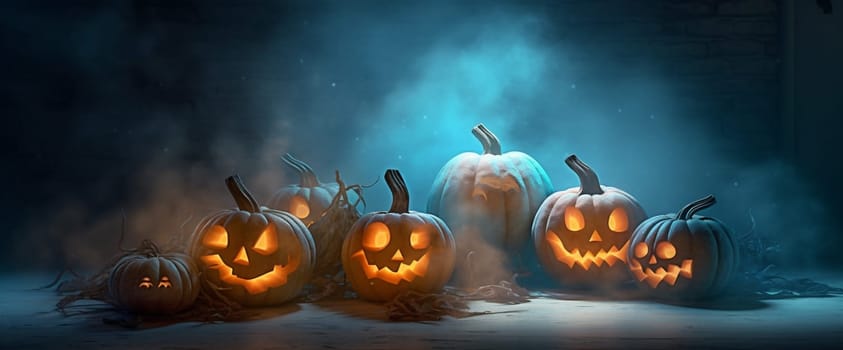 halloween night sky evil creepy poster jack background table illustration lantern design fear jack-o-lantern grunge horror pumpkin mystery blue silhouette spooky. Generative AI.