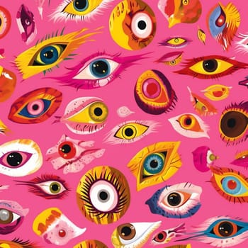 textile retro vignetting illustration star pink blue doodle design background eyeball eye monster black cool abstract hand-drawn signs seamless valentine pattern. Generative AI.