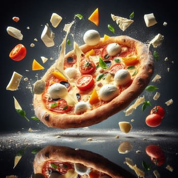 flying splashing mozzarella bufala italian pizza with tomato sauce and basil food photography generative ai art