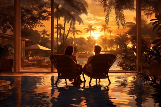 travel woman happy swimming luxury lifestyle romantic island couple vacation resort jungle sunset honeymoon back relax escape retreat pool sunrise. Generative AI.