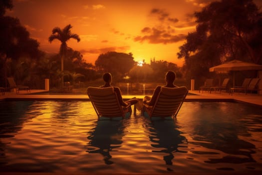 man sunset travel island swimming back vacation lifestyle couple pool bali relax honeymoon love holiday happy infinity spa getaway romantic. Generative AI.