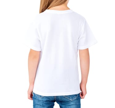 Little Kid Girl In White T Shirt, Blank Template Isolated On White Background, Back View