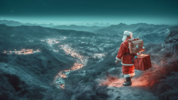 night eve holiday mountain nature present bag snow winter concept background santa snowfall costume white christmas sky claus landscape hat. Generative AI.