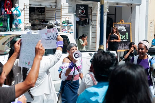 feminist movement against gender violence. ecuadorian indigenous woman with an indignant megaphone surrounded by demonstrators carrying banners on high. women's day. feminist empowerment. High quality photo