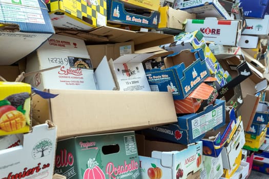 Cardboards to be recycled, stack on top of each other. Recycling concept. Background. Bergamo, ITALY - October 3, 2023.