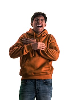 A man in an orange hoodie is making a funny face, laughing out loud with his mouth open