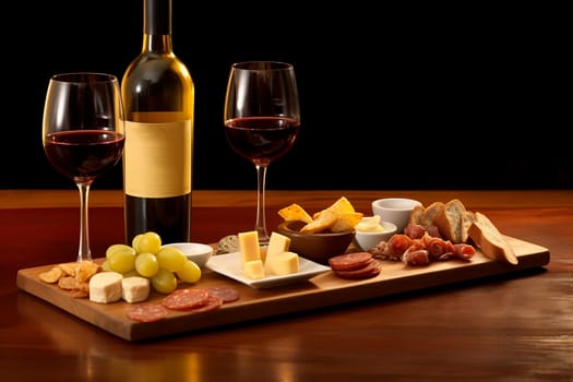 Bottle of red wine glasses and delicious snacks on wooden table.