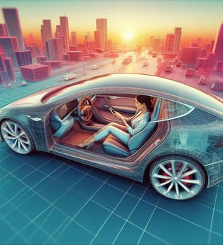 business woman working from autonomous driving ev car traveling fast in city traffic generative ai art