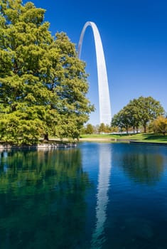View across blue lake in the National Gateway Park to Gateway Arch in St Louis Missouri with reflection in the calm water