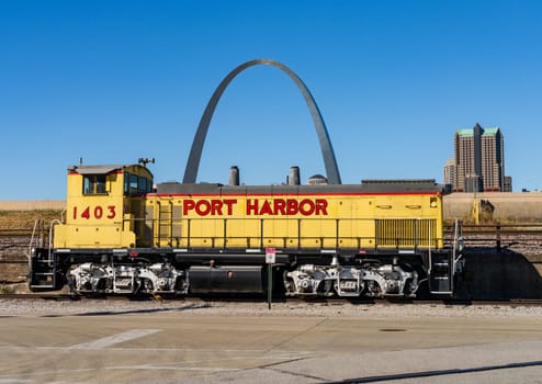 Port Harbor train engine or locomotive in front of the Gateway Arch in East St Louis Illinois