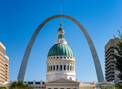 Dome of the old Courthouse in St Louis Missouri against the blue sky and the famous Gateway Arch framing the building