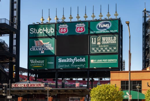 St Louis, MO - 21 October 2023: Entrance to Busch Stadium in the Saint Louis Ballpart Village dining and entertainment complex