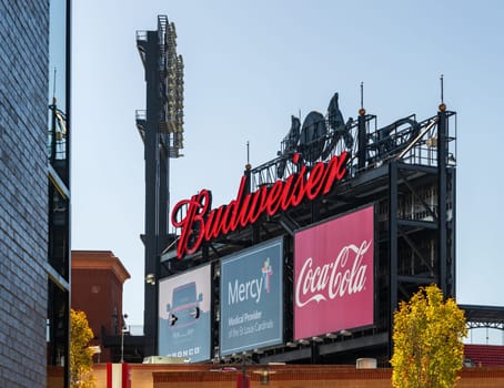 St Louis, MO - 21 October 2023: Budweiser sign outside the Saint Louis Ballpart Village dining and entertainment complex