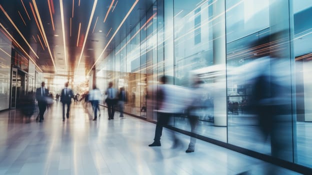 Business people rushing in office lobby with motion blur