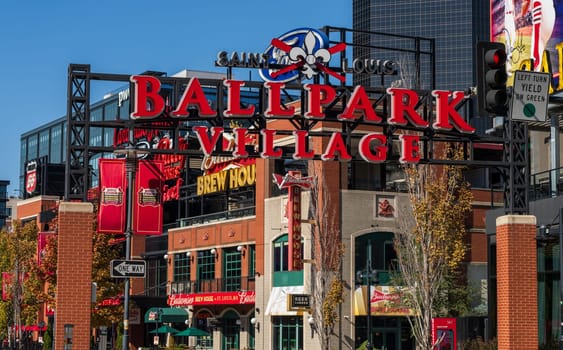 St Louis, MO - 21 October 2023: Sign outside the Saint Louis Ballpark Village dining and entertainment complex