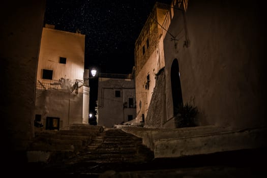 A view of Ostuni, Italy, at night. The White City nestled on a hill overlooking the Adriatic Sea in Puglia, Italy. The photo shows a row of white buildings sitting on top of a hill, with the Adriatic Sea in the distance. The buildings are all different shapes and sizes, but they are all painted white, which gives the town its unique appearance.