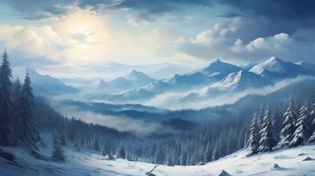 Snow-covered landscapes, including mountains, forests, and fields. llustration for cover, interior design. AI generative.