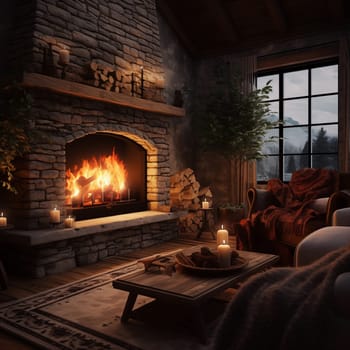 Inviting living space with fireplace and cozy atmosphere for ultimate comfort. There is a large window in the room, and it is winter outside. Illustration for cover, interior design. AI generative.