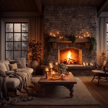 Inviting living space with fireplace and cozy atmosphere for ultimate comfort. There is a large window in the room, and it is winter outside. Illustration for cover, interior design. AI generative.