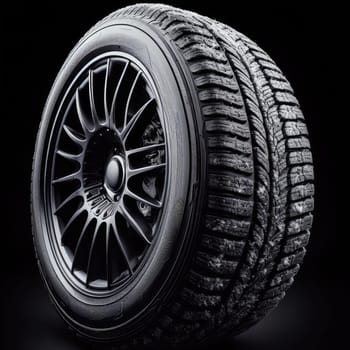 new tire with modern tread on black background brightly lit from above.