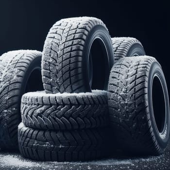 new tire with modern tread on black background brightly lit from above.